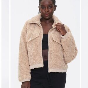 Forever 21 Women’s Faux Shearling Zip-up Jacket Size L Flap Pockets Lined Teddy